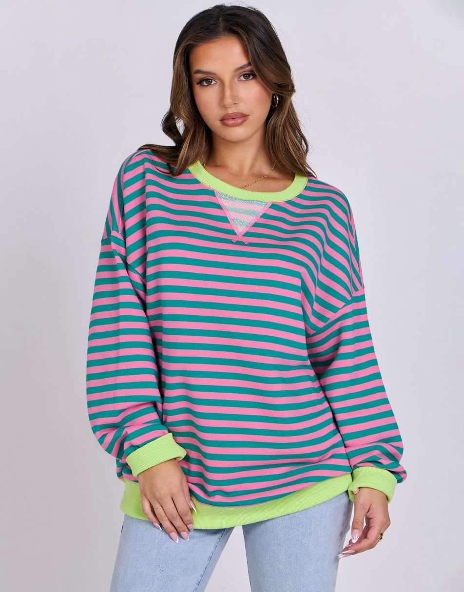 ANRABESS Women's Striped Oversized Long Sleeve Sweatshirt