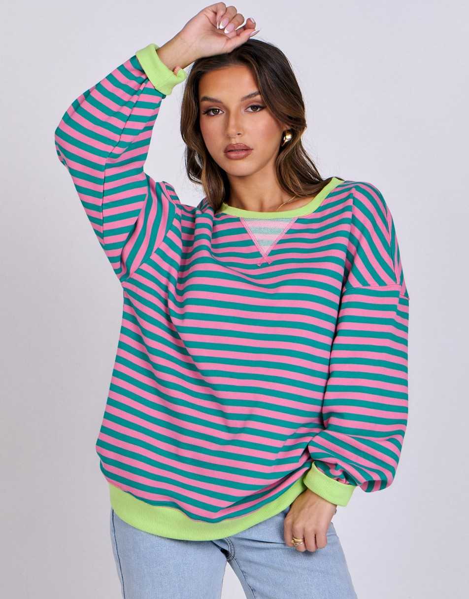 ANRABESS Women's Striped Oversized Long Sleeve Sweatshirt