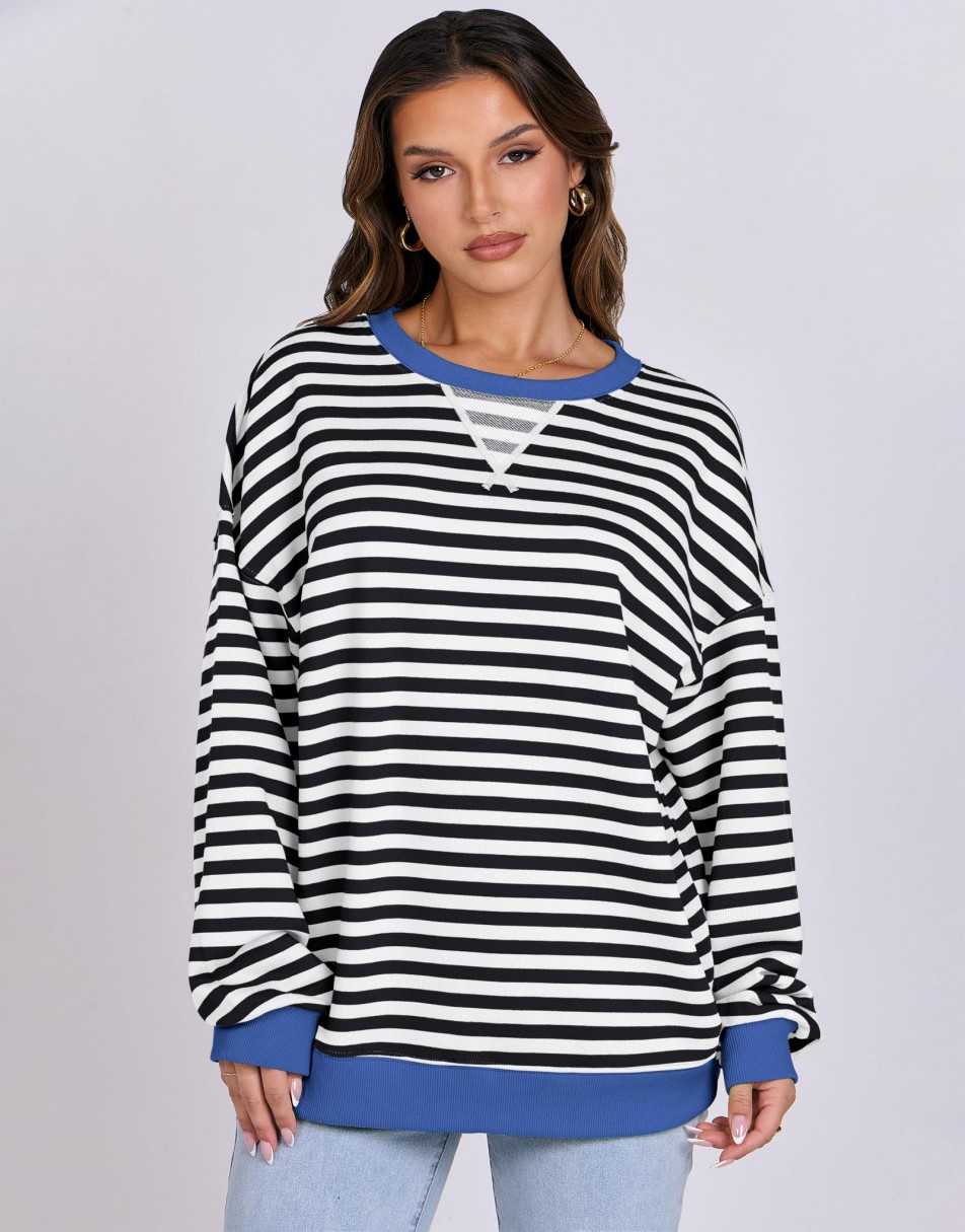 ANRABESS Women's Striped Oversized Long Sleeve Sweatshirt