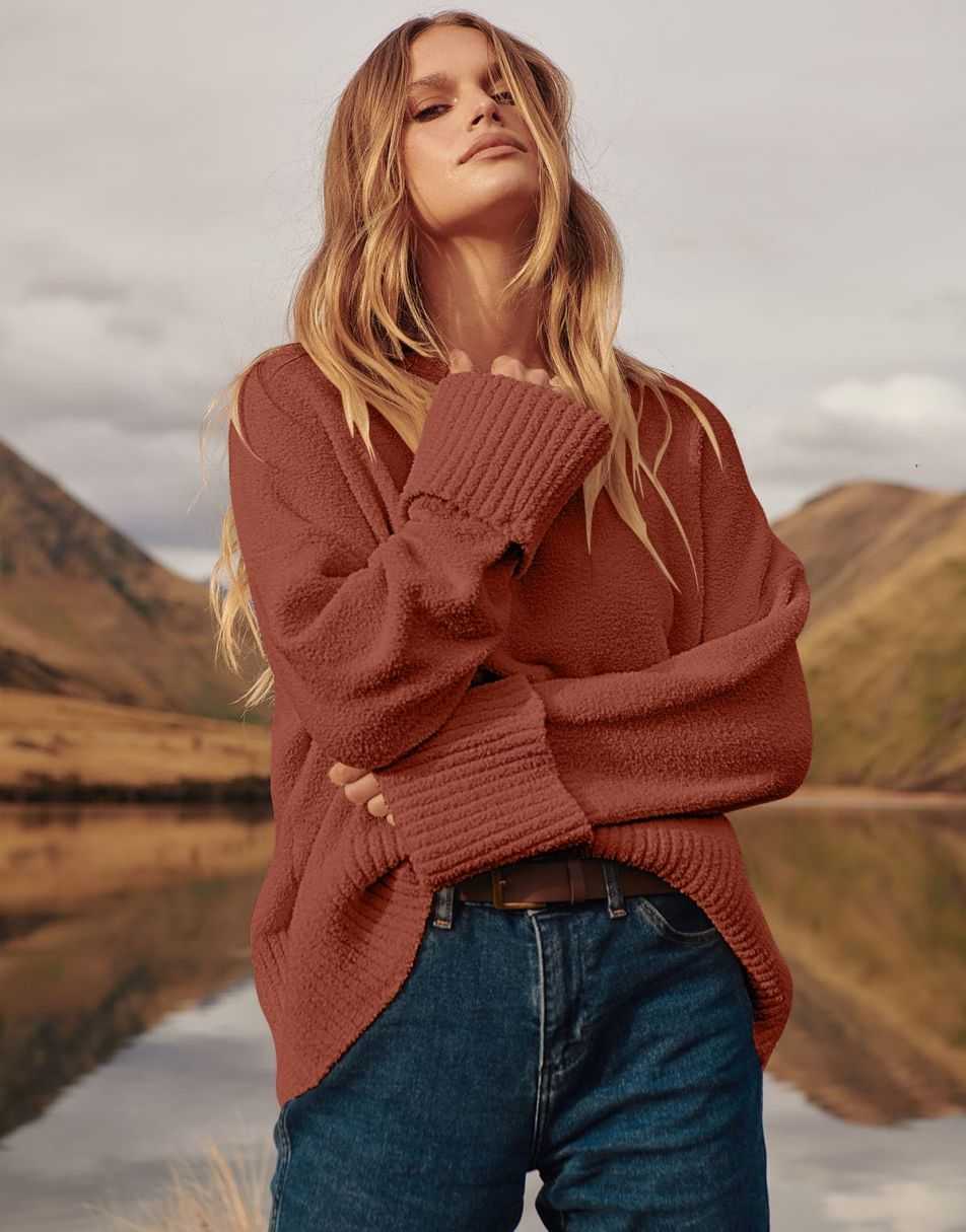 ANRABESS Crewneck Fuzzy Chunky Knit Oversized Sweater