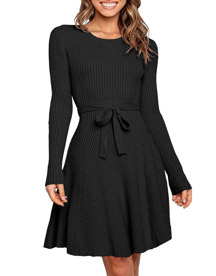 ANRABESS Women's Tie Waist A-Line Ribbed Sweater Dress