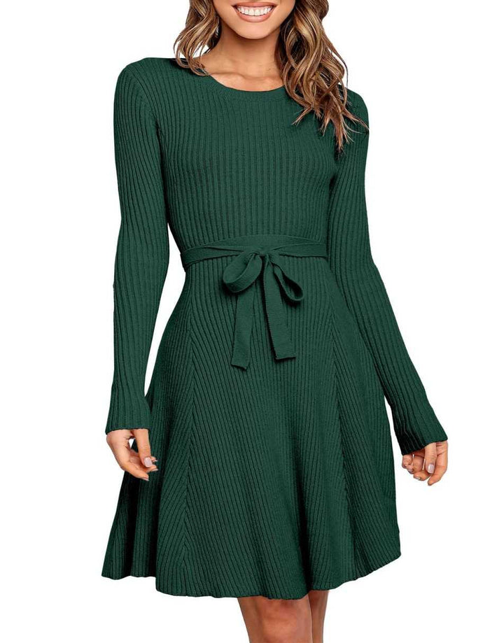 ANRABESS Women's Tie Waist A-Line Ribbed Sweater Dress
