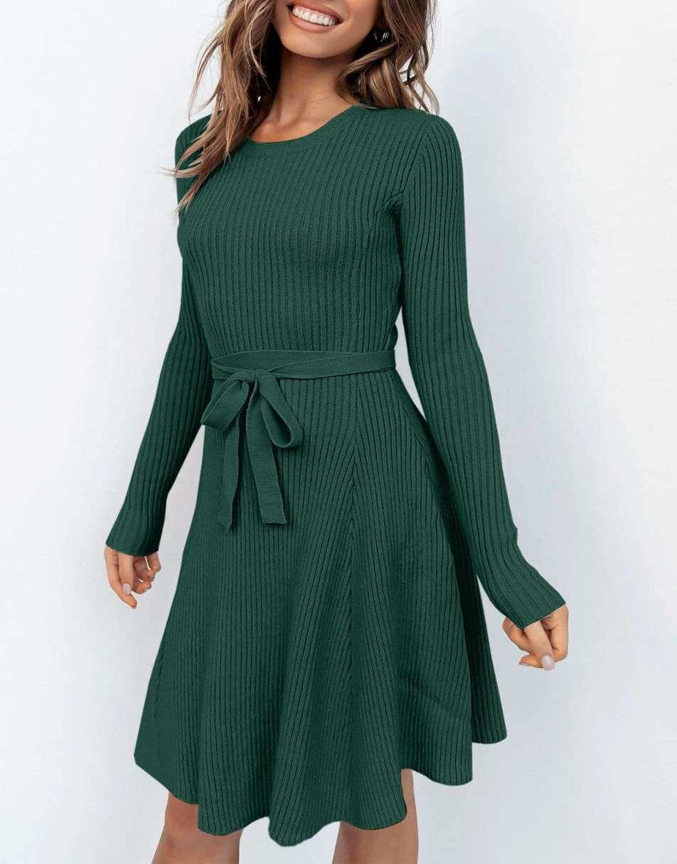 ANRABESS Women's Tie Waist A-Line Ribbed Sweater Dress