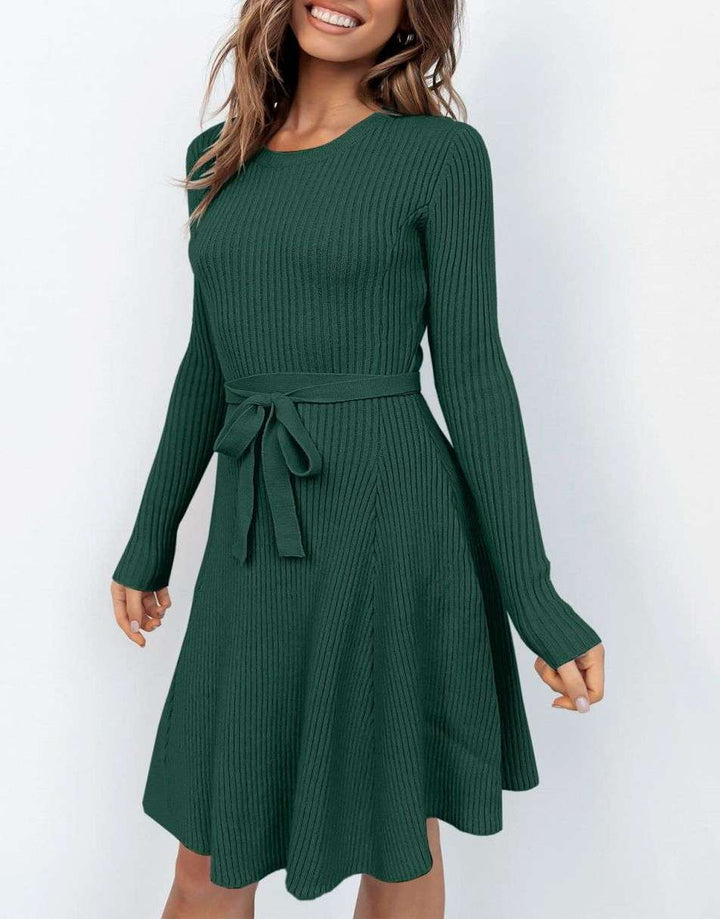ANRABESS Women's Tie Waist A-Line Ribbed Sweater Dress