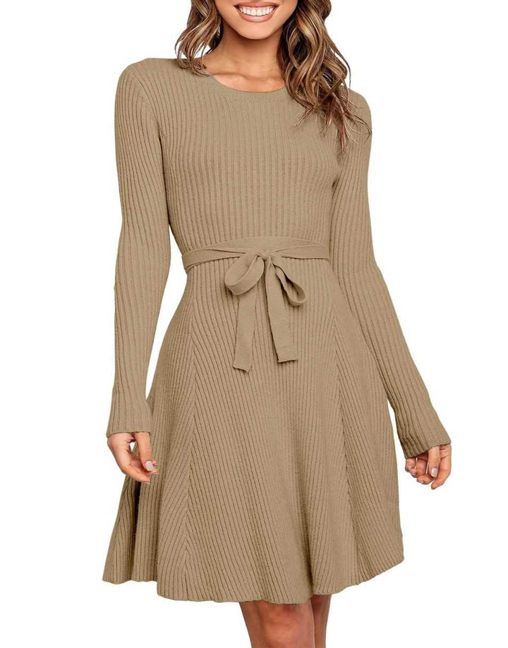 ANRABESS Women's Tie Waist A-Line Ribbed Sweater Dress