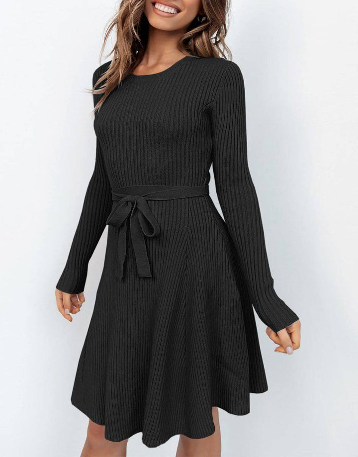 ANRABESS Women's Tie Waist A-Line Ribbed Sweater Dress