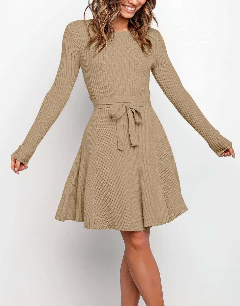 ANRABESS Women's Tie Waist A-Line Ribbed Sweater Dress