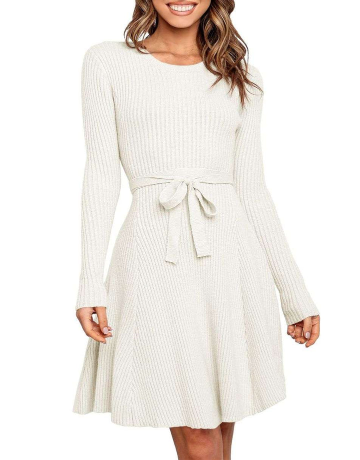 ANRABESS Women's Tie Waist A-Line Ribbed Sweater Dress