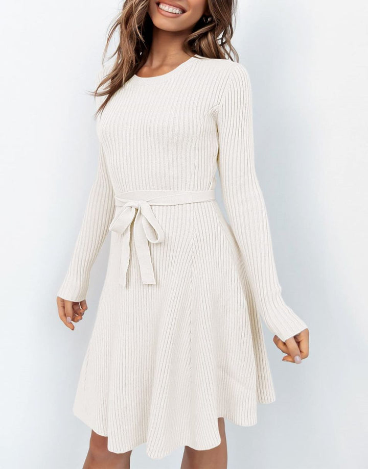 ANRABESS Women's Tie Waist A-Line Ribbed Sweater Dress