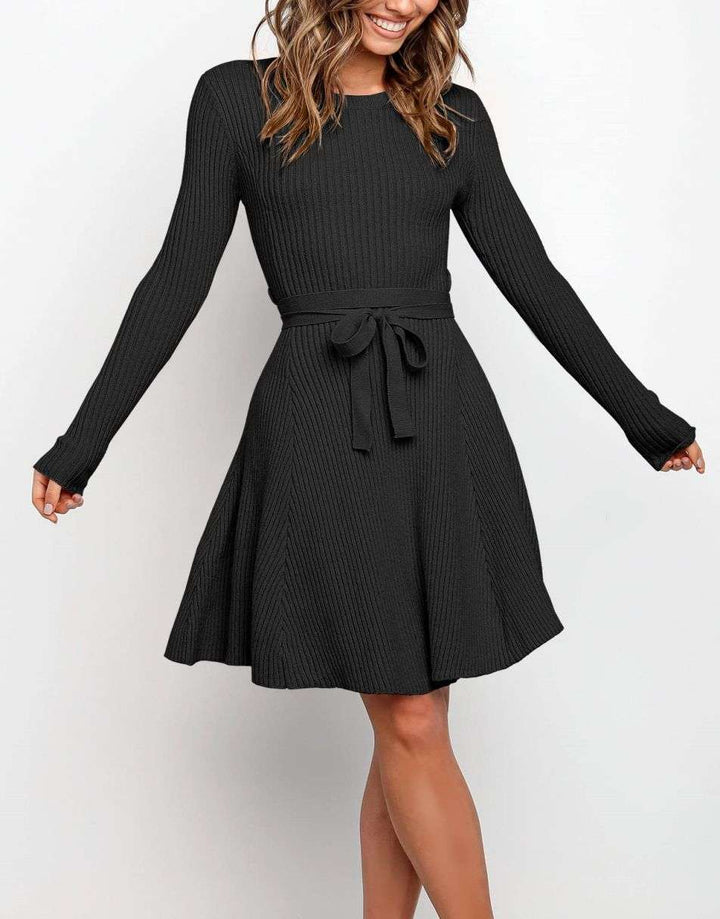 ANRABESS Women's Tie Waist A-Line Ribbed Sweater Dress