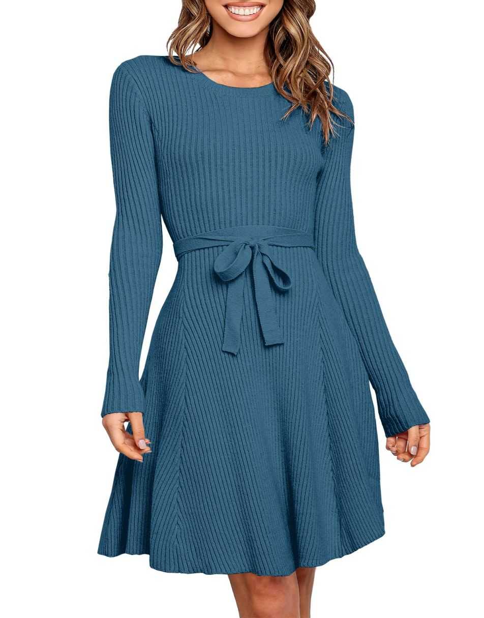 ANRABESS Women's Tie Waist A-Line Ribbed Sweater Dress