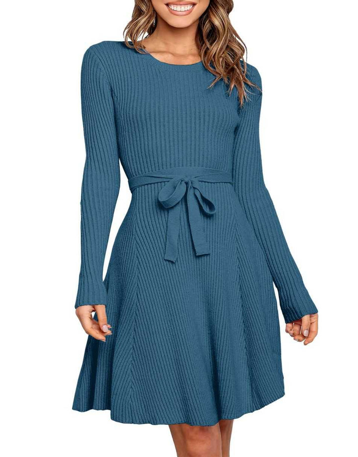 ANRABESS Women's Tie Waist A-Line Ribbed Sweater Dress