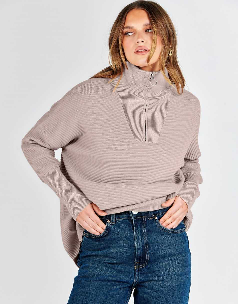 ANRABESS Women's Oversized Quarter Zip Rib Knit Sweater