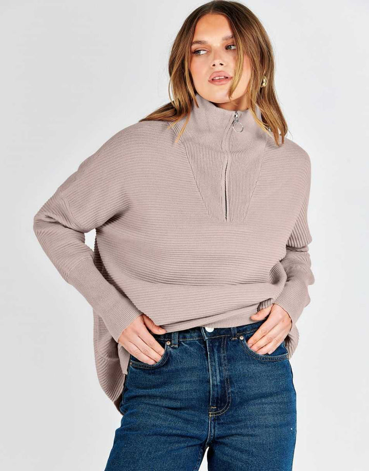 ANRABESS Women's Oversized Quarter Zip Rib Knit Sweater