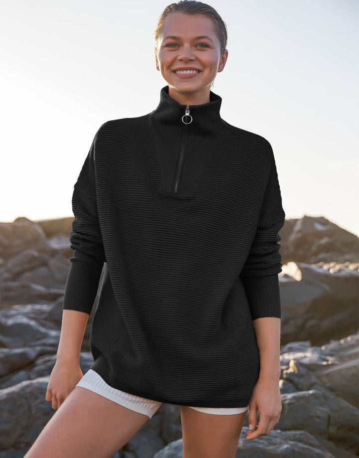 ANRABESS Women's Oversized Quarter Zip Rib Knit Sweater