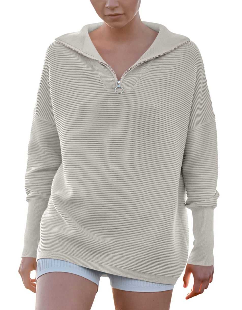 ANRABESS Women's Oversized Quarter Zip Rib Knit Sweater