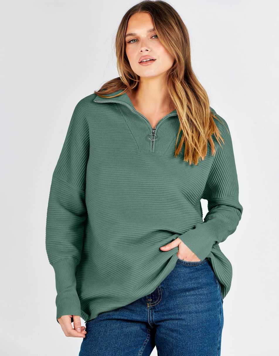 ANRABESS Women's Oversized Quarter Zip Rib Knit Sweater
