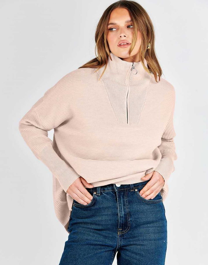 ANRABESS Women's Oversized Quarter Zip Rib Knit Sweater