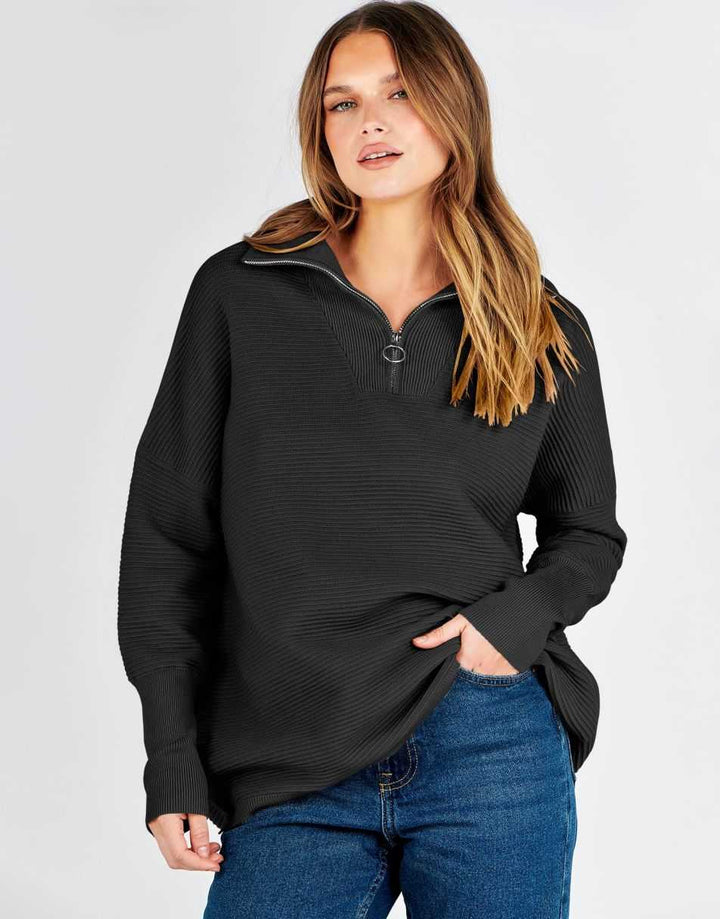 ANRABESS Women's Oversized Quarter Zip Rib Knit Sweater