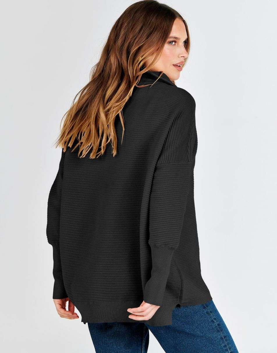 ANRABESS Women's Oversized Quarter Zip Rib Knit Sweater