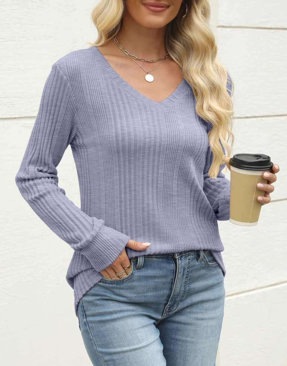 ANRABESS Women's Lightweight Ribbed V-Neck Tunic