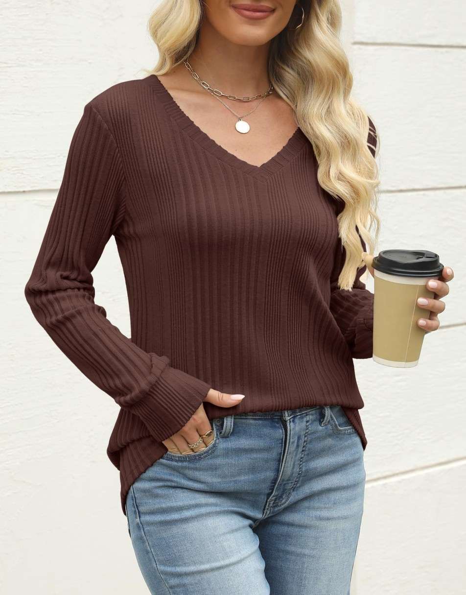 ANRABESS Women's Lightweight Ribbed V-Neck Tunic