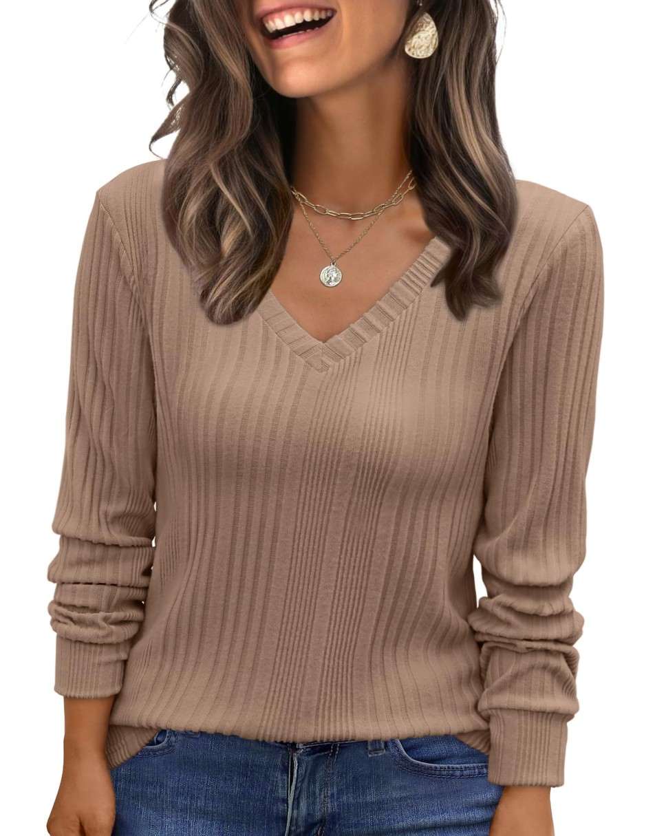 ANRABESS Women's Lightweight Ribbed V-Neck Tunic
