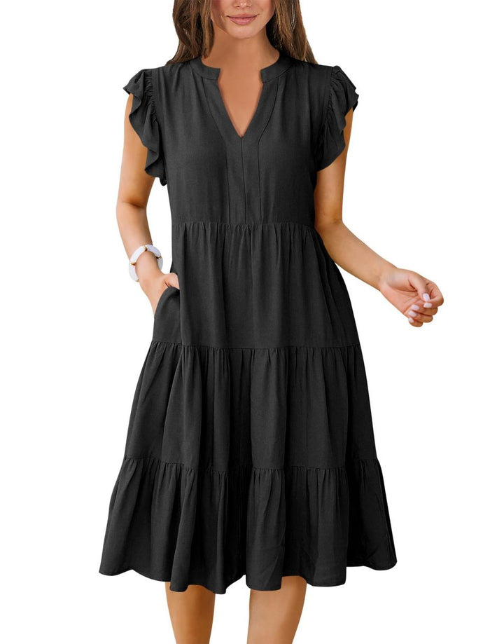 ANRABESS Women's V-Neck Ruffle Sleeve Tiered Midi Dress