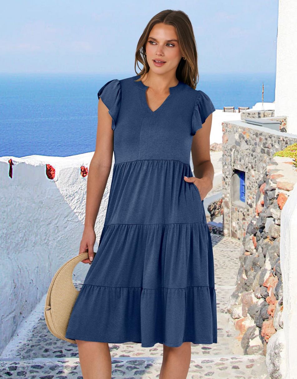 ANRABESS Women's V-Neck Ruffle Sleeve Tiered Midi Dress
