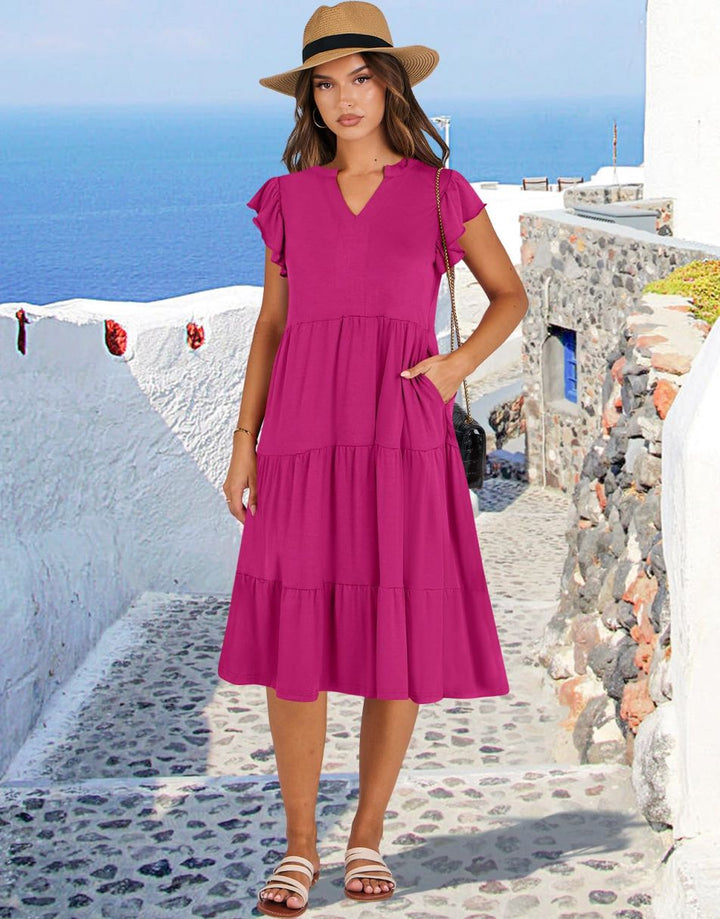 ANRABESS Women's V-Neck Ruffle Sleeve Tiered Midi Dress