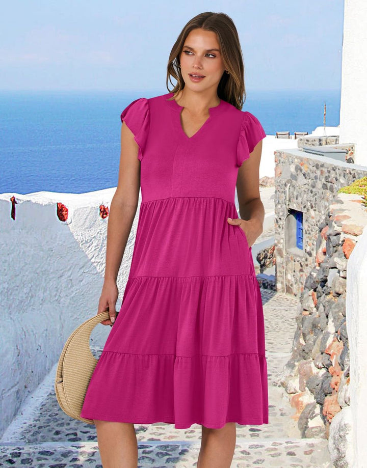 ANRABESS Women's V-Neck Ruffle Sleeve Tiered Midi Dress