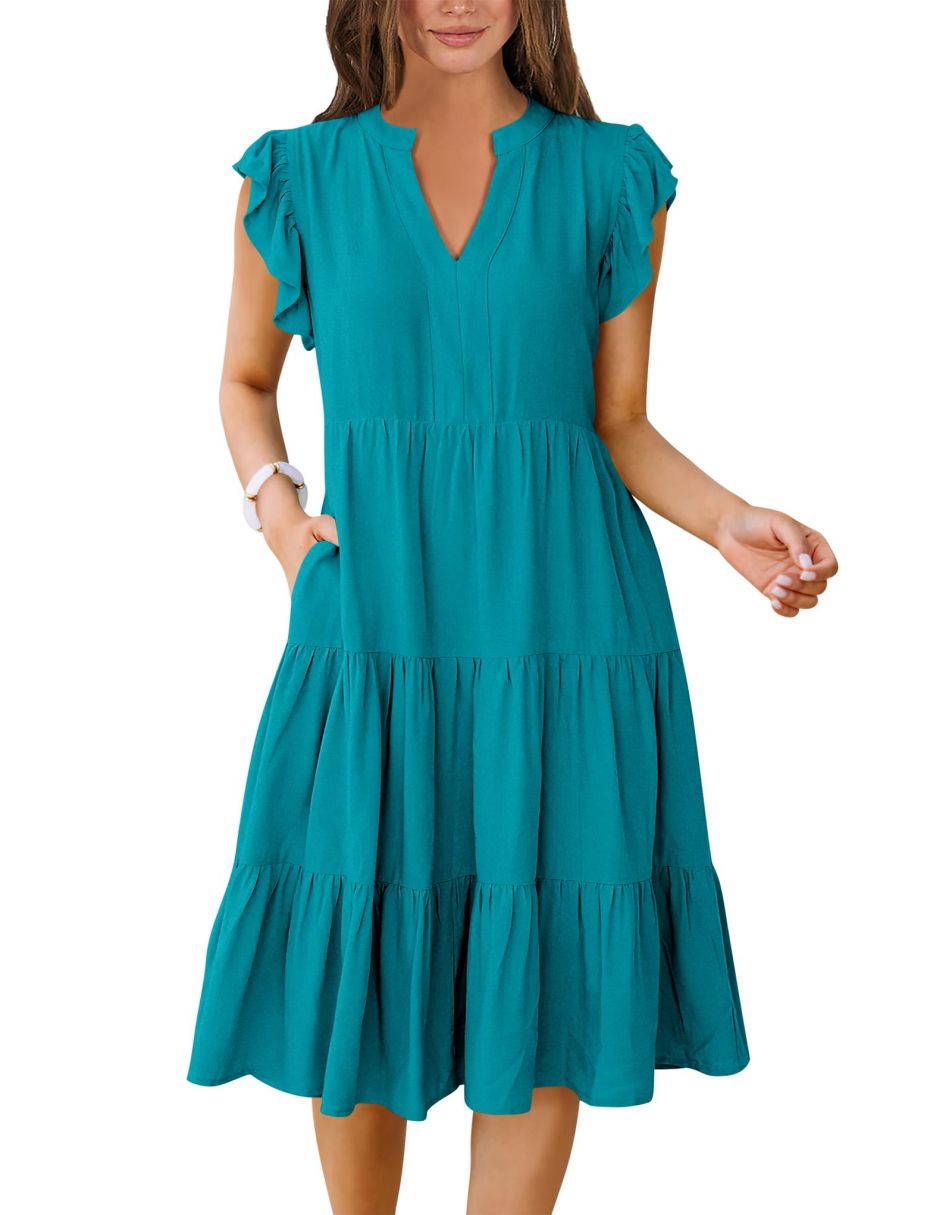 ANRABESS Women's V-Neck Ruffle Sleeve Tiered Midi Dress
