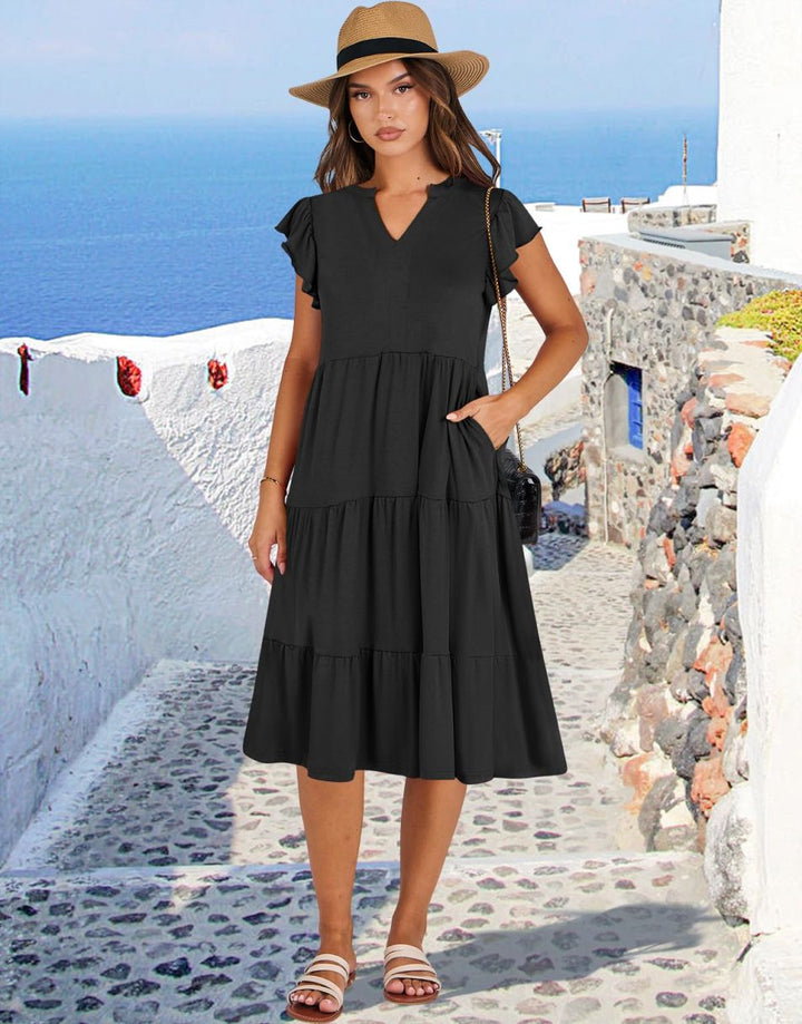 ANRABESS Women's V-Neck Ruffle Sleeve Tiered Midi Dress