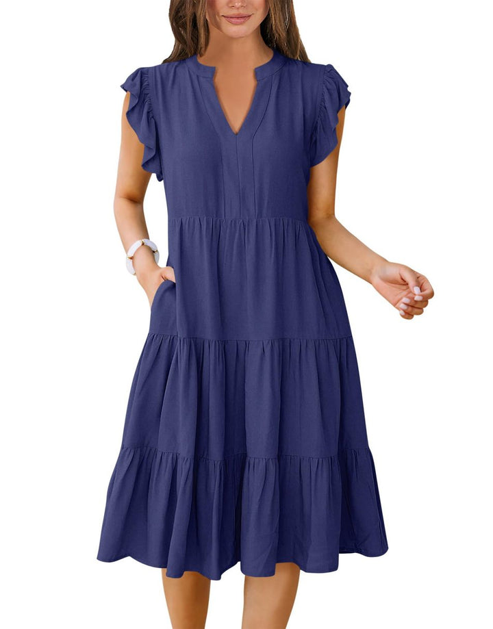 ANRABESS Women's V-Neck Ruffle Sleeve Tiered Midi Dress