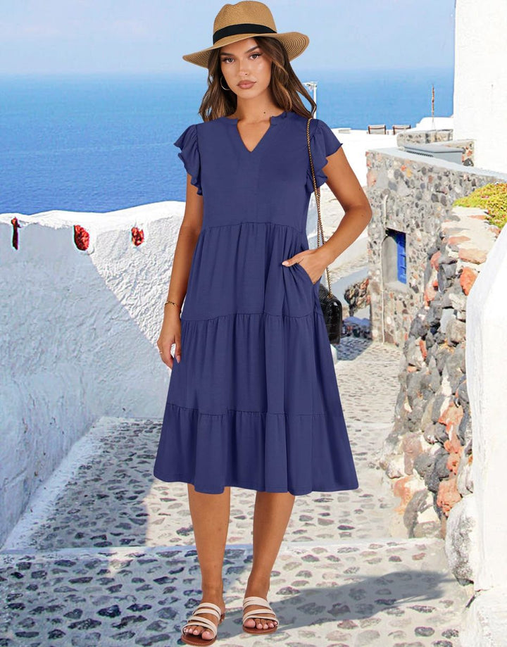 ANRABESS Women's V-Neck Ruffle Sleeve Tiered Midi Dress