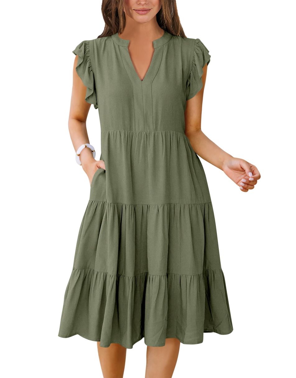 ANRABESS Women's V-Neck Ruffle Sleeve Tiered Midi Dress