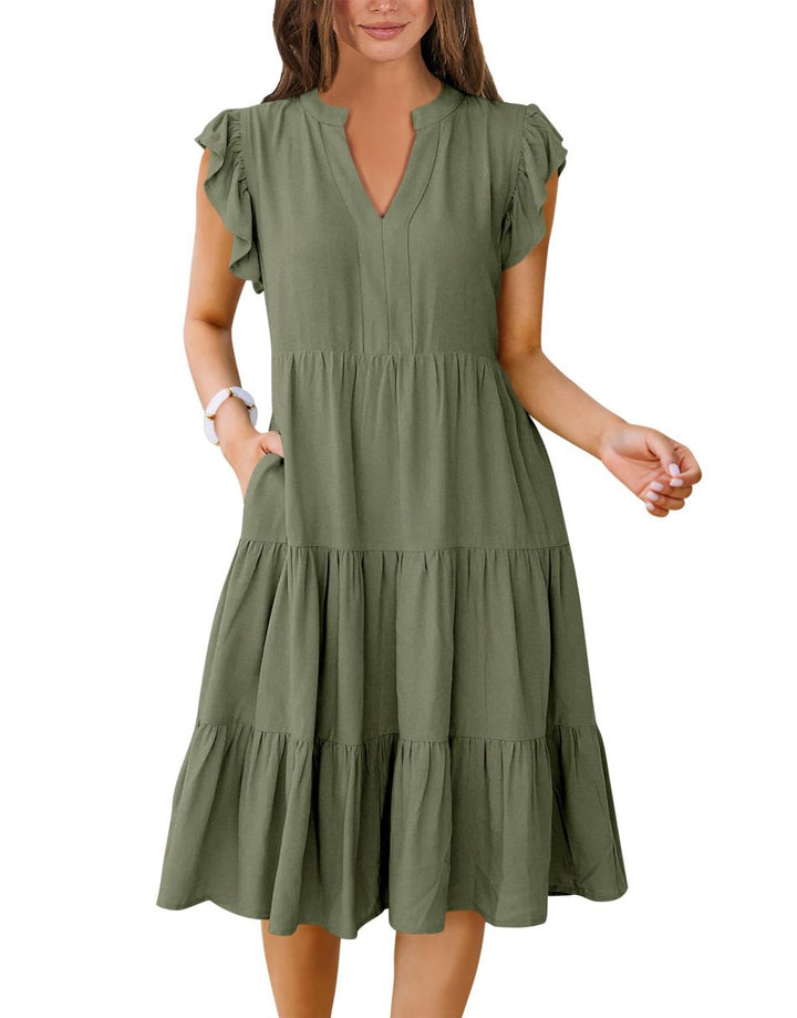 ANRABESS Women's V-Neck Ruffle Sleeve Tiered Midi Dress