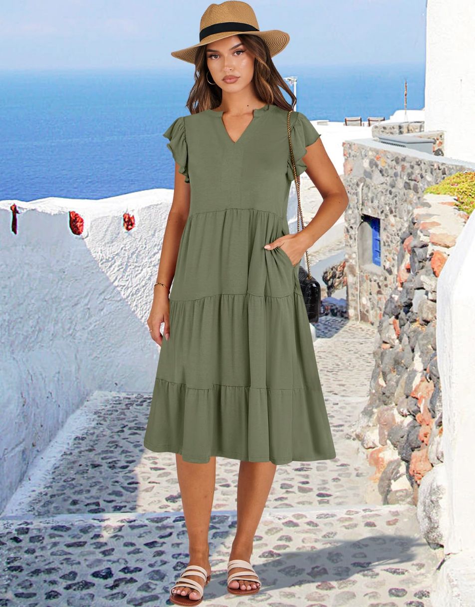 ANRABESS Women's V-Neck Ruffle Sleeve Tiered Midi Dress