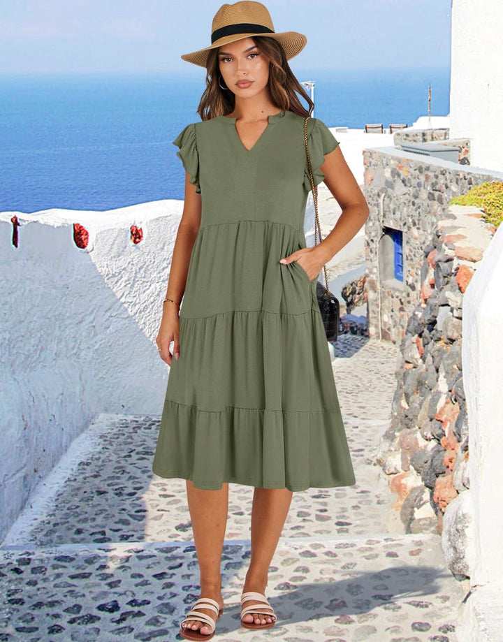 ANRABESS Women's V-Neck Ruffle Sleeve Tiered Midi Dress