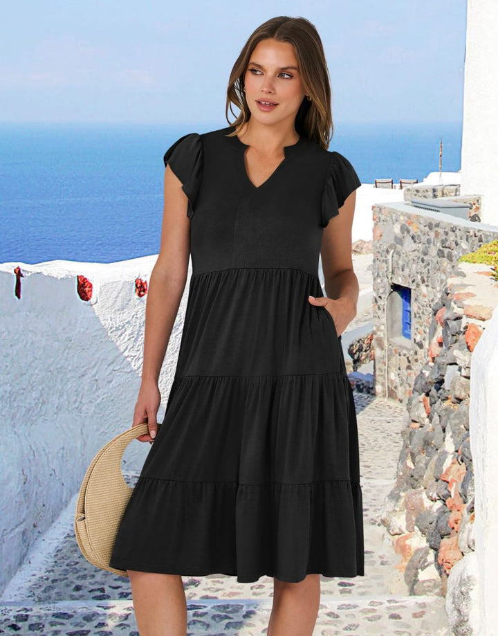 ANRABESS Women's V-Neck Ruffle Sleeve Tiered Midi Dress