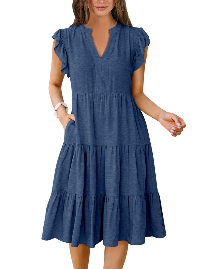 ANRABESS Women's V-Neck Ruffle Sleeve Tiered Midi Dress