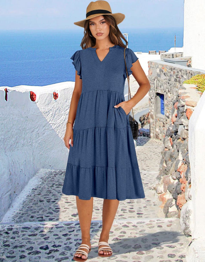 ANRABESS Women's V-Neck Ruffle Sleeve Tiered Midi Dress