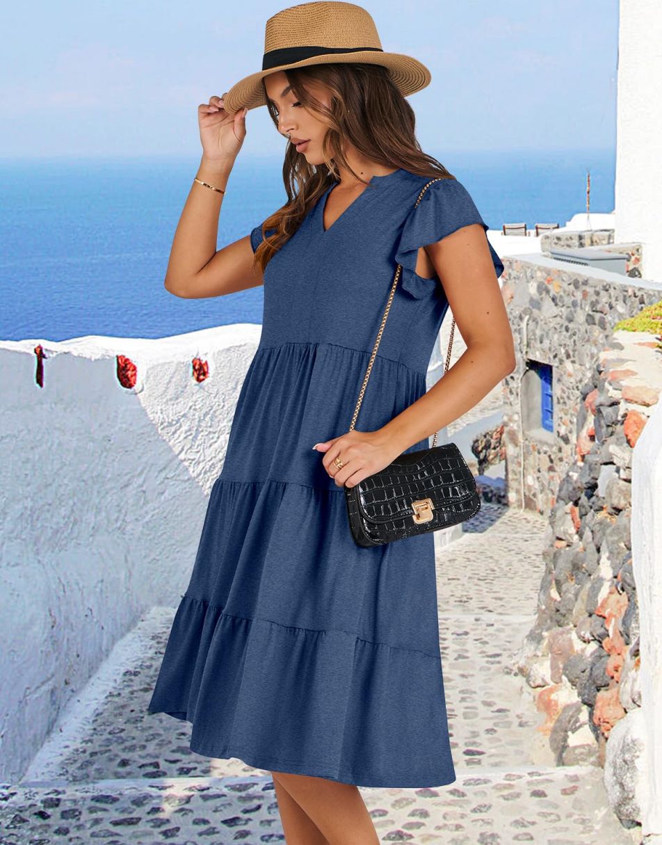 ANRABESS Women's V-Neck Ruffle Sleeve Tiered Midi Dress
