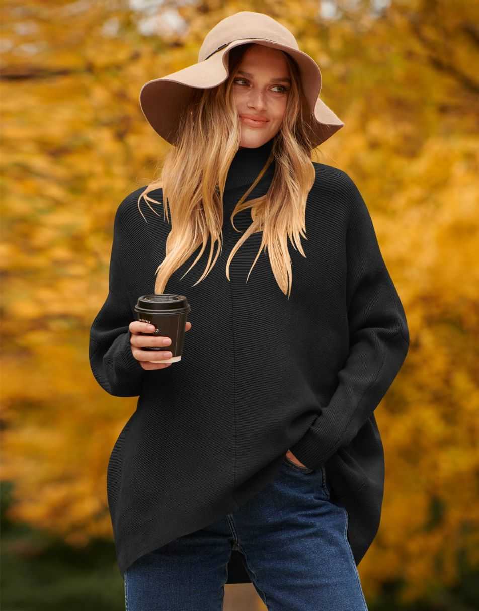 ANRABESS Oversized Batwing Sleeve Turtleneck Knit Pullover