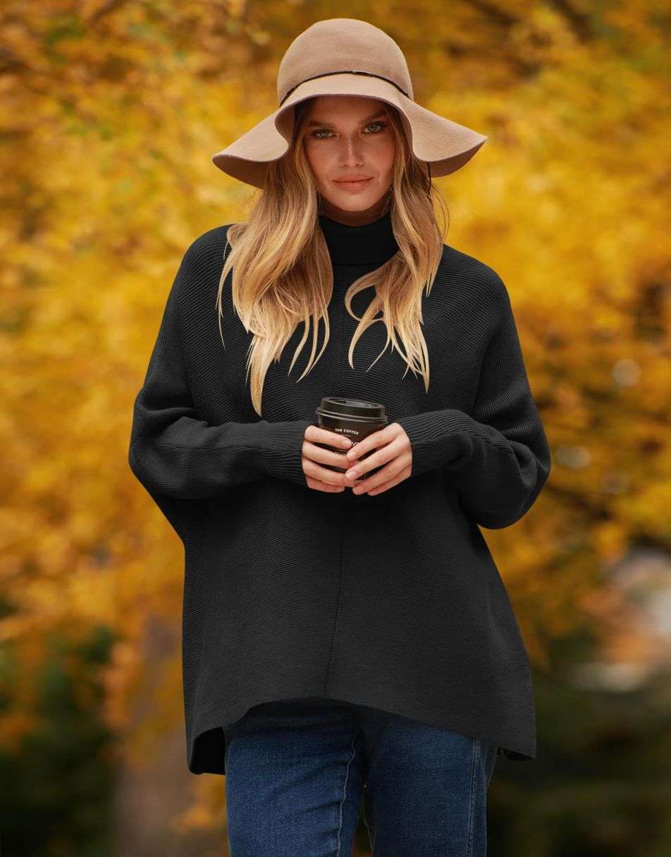 ANRABESS Oversized Batwing Sleeve Turtleneck Knit Pullover