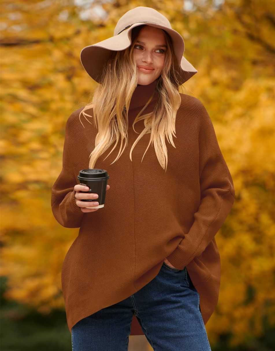 ANRABESS Oversized Batwing Sleeve Turtleneck Knit Pullover