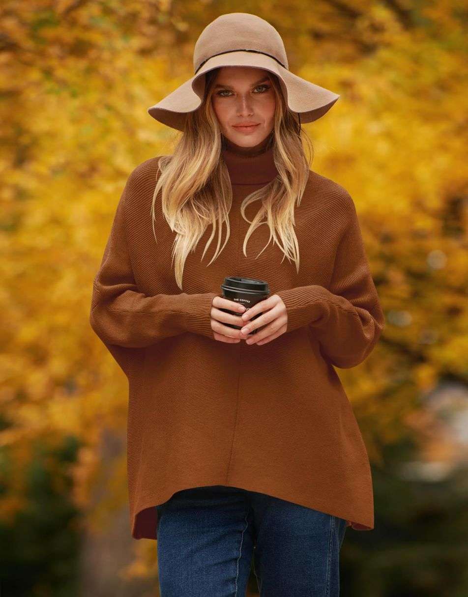 ANRABESS Oversized Batwing Sleeve Turtleneck Knit Pullover