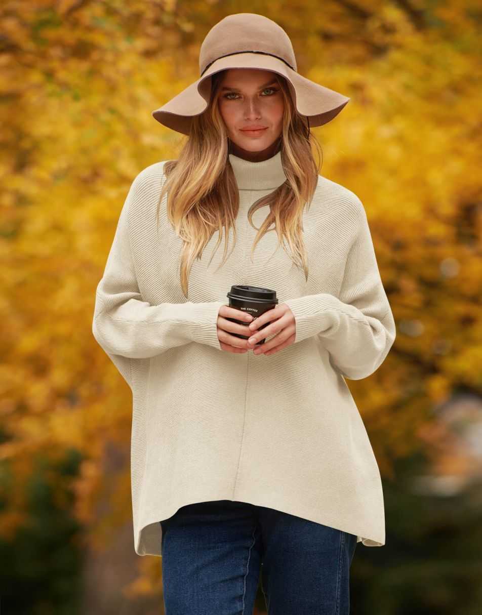 ANRABESS Oversized Batwing Sleeve Turtleneck Knit Pullover