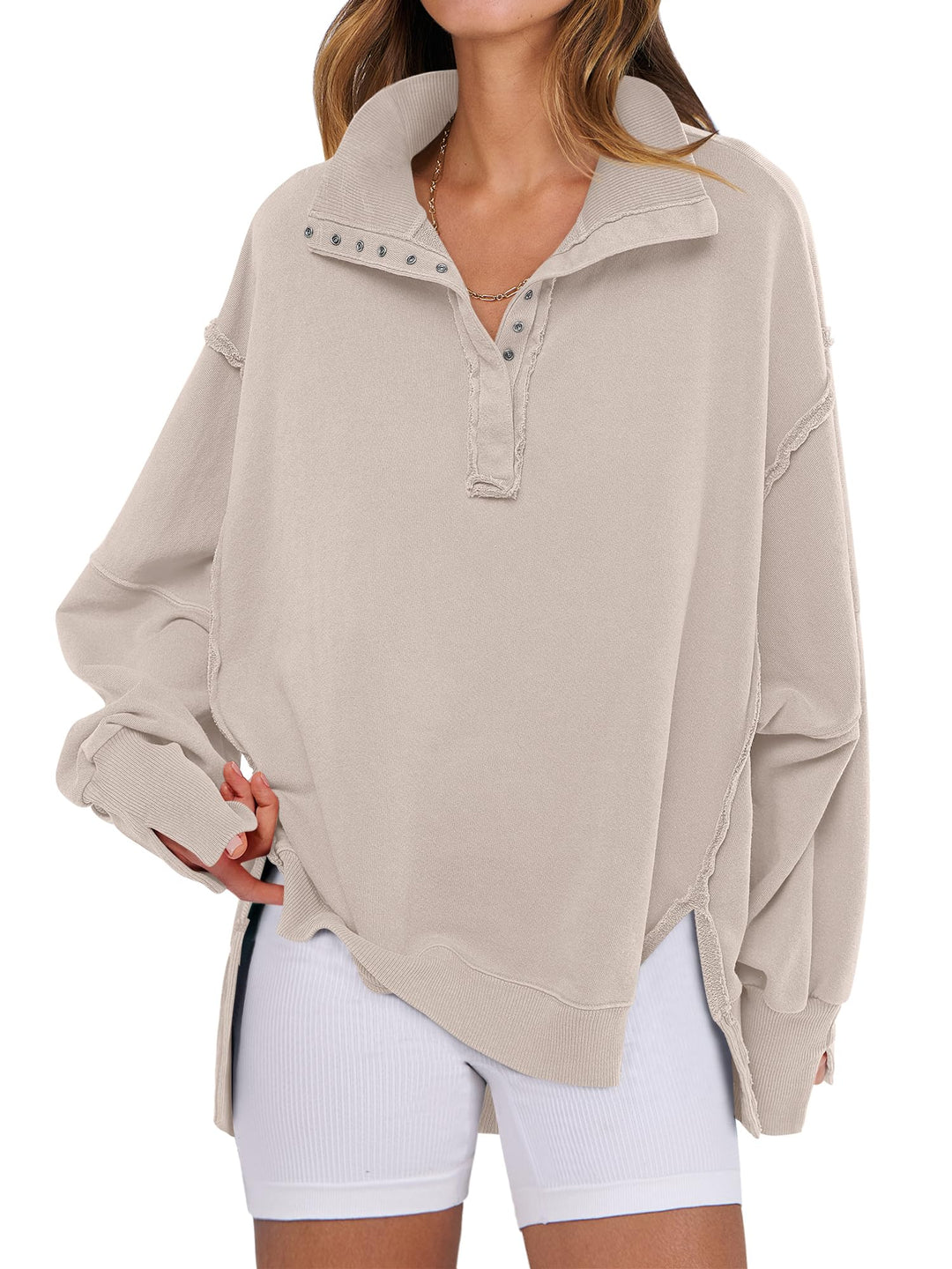 ANRABESS Women's Oversized Button-Up Henley Sweatshirt