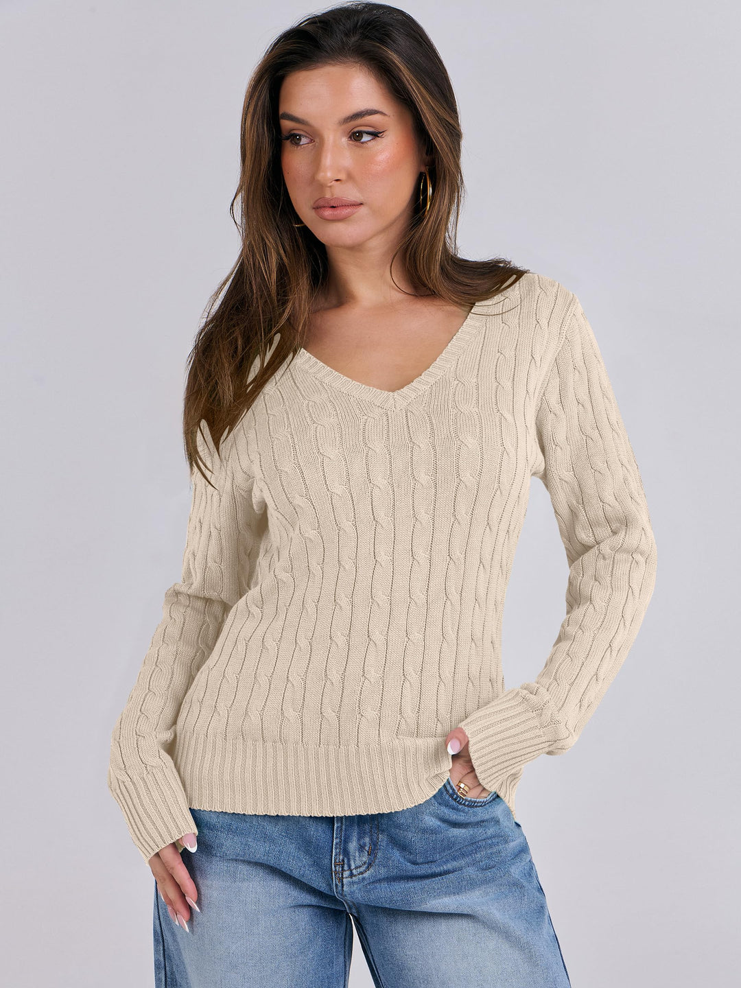ANRABESS Women's Cable Knit V-Neck Fitted Sweater